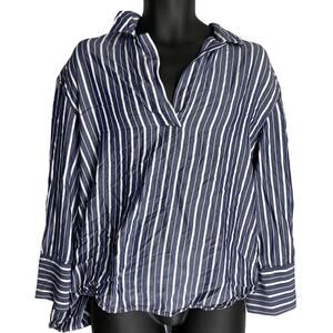 HM Tunic Top Women Size S Blue Striped Long Sleeve Minimalist Coastal Beachy